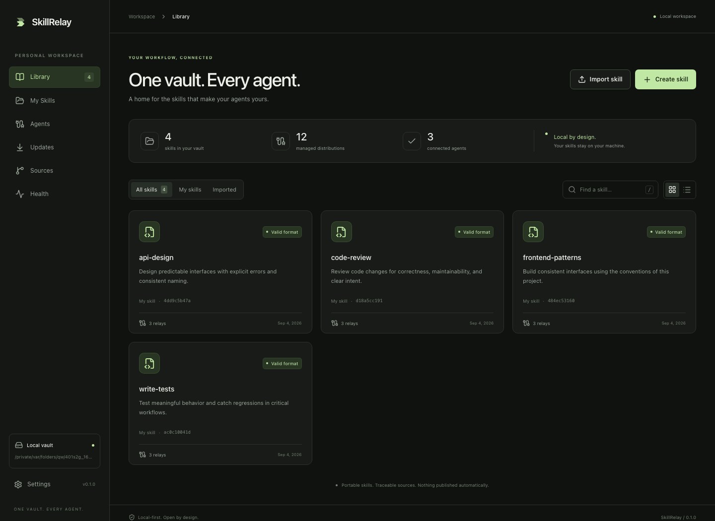 Actual SkillRelay library screen, captured from the running desktop UI with an isolated sample vault.