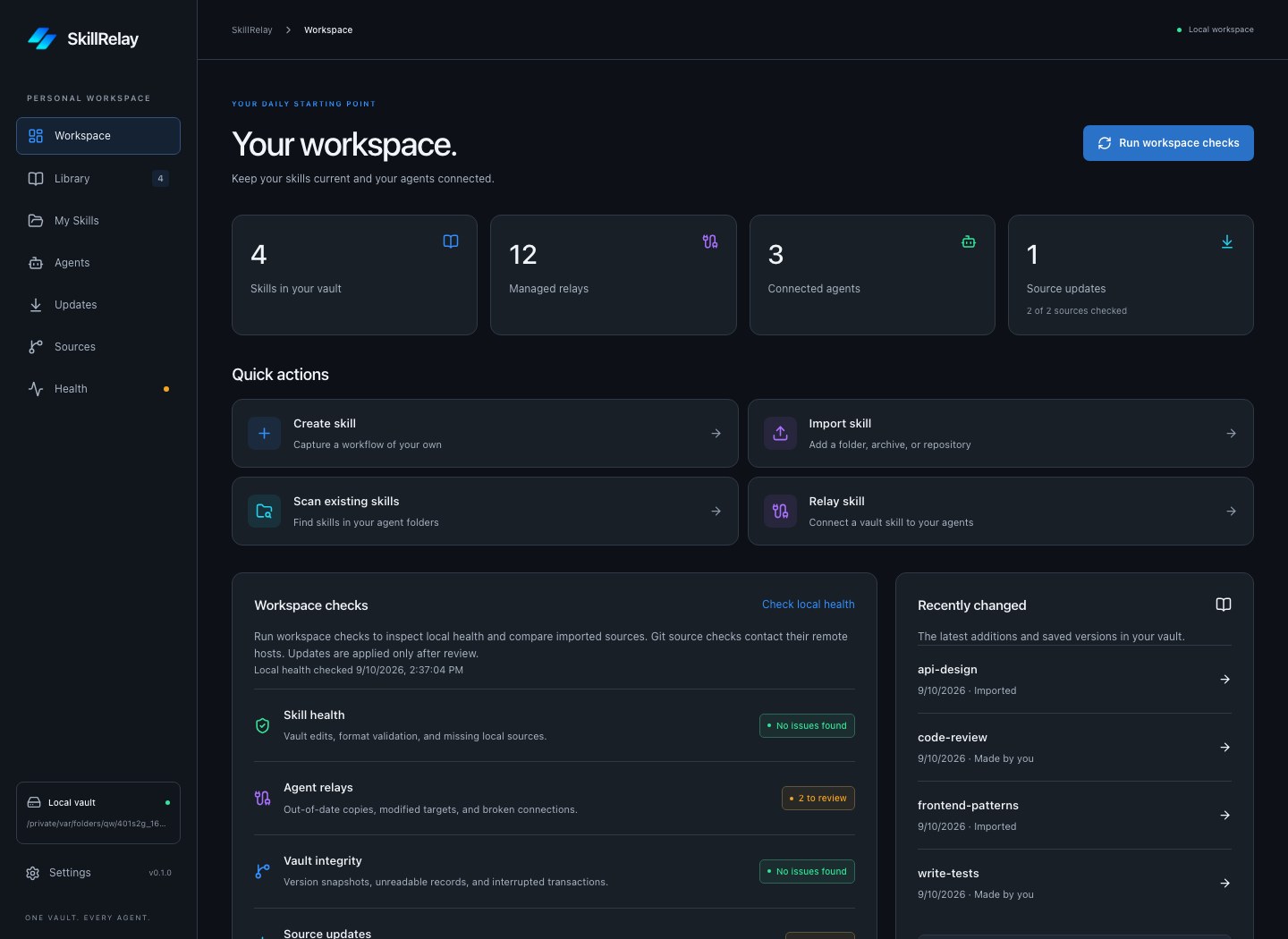 Actual SkillRelay Workspace screen, captured from the desktop UI with an isolated sample vault.